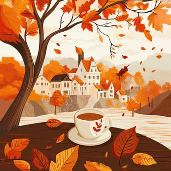 An inviting riverside village is surrounded by vibrant autumn foliage, with colorful leaves drifting in the breeze and a steaming cup of coffee on a rustic table.