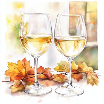 Glasses filled with white wine stand on a table, accompanied by vibrant autumn leaves, creating a warm and inviting atmosphere in a wine shop.