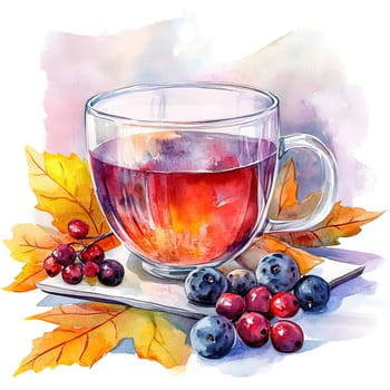 A steaming cup of tea rests on a wooden surface, accompanied by vibrant autumn leaves and a mix of fresh berries. This scene evokes warmth and comfort, perfect for a cozy afternoon.