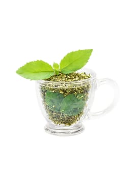 Tulsi holy basil tea glass mug green leaves purple flowers sacred healing herb. Drink isolated on transparent background.