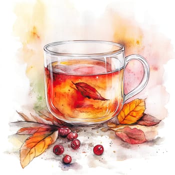 A transparent cup filled with steaming tea sits atop scattered autumn leaves and berries, embodying warmth and comfort on a cool day.