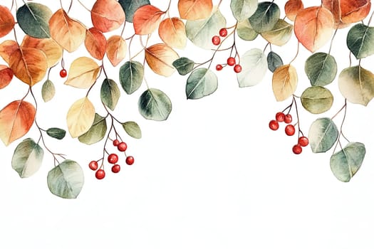 A beautiful watercolor artwork featuring eucalyptus leaves in varied hues of green, yellow, and red, complemented by vibrant red berries, elegantly arranged against a white background.