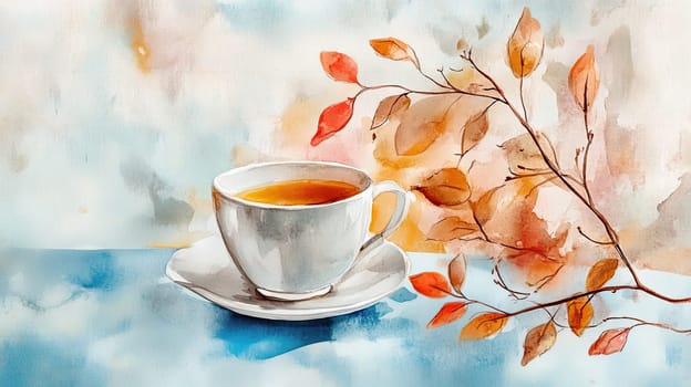 A steaming cup of tea is placed on a delicate saucer, showcasing inviting autumn colors as leaves gently surround the scene, creating a warm atmosphere.
