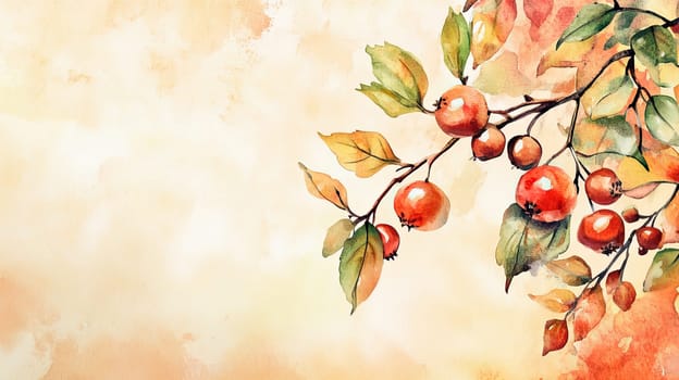 A branch adorned with vibrant red fruits and golden leaves stretches across a warm, softly blended background, celebrating the essence of autumn and nature's bounty.