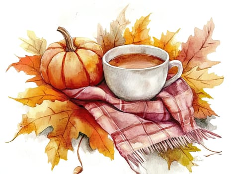 A steaming cup of tea is nestled among vibrant autumn leaves and a small pumpkin, creating a warm and inviting autumn atmosphere perfect for relaxation.