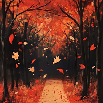 A serene pathway through a forest is adorned with trees full of colorful leaves, as autumnal breezes gently scatter the fiery foliage around, creating a picturesque scene.
