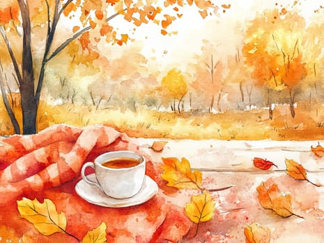 A warm cup of tea rests on a soft blanket among vibrant autumn leaves. The serene park features golden foliage and a peaceful atmosphere, perfect for relaxation.