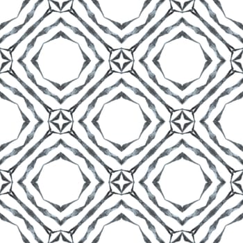Textile ready immaculate print, swimwear fabric, wallpaper, wrapping. Black and white Actual boho chic summer design. Watercolor ikat repeating tile border. Ikat repeating swimwear design.