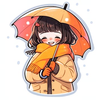A cheerful girl sporting an orange coat and brown boots happily strolls under a bright umbrella, exuding joy on a rainy day in a playful cartoon style.