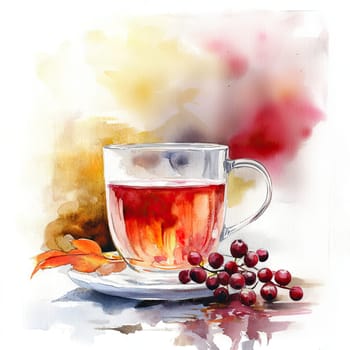 Enjoy a warm cup of tea infused with the essence of autumn, complete with vibrant leaves and a rustic wooden base. The steam rises, inviting you to savor the moment.