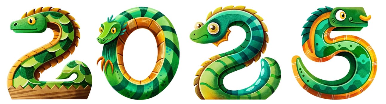 The image features creatively designed numbers for 2025, incorporating snake motifs with bright colors and whimsical faces, ideal for celebrations or themed events.