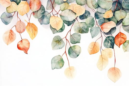 A beautiful watercolor artwork featuring eucalyptus leaves in varied hues of green, yellow, and red, complemented by vibrant red berries, elegantly arranged against a white background.