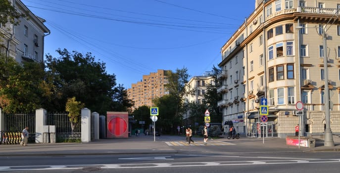 Moscow, Russia - Aug 3. 2024. Cityscape with Stalinist architecture buildings of USSR on Leningradsky Prospekt