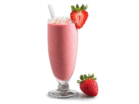 Strawberry Coconut Smoothie A tropical strawberry coconut smoothie in a chic glass adorned with strawberry. Drink isolated on transparent background.