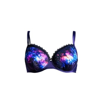 Cosmic stardust print bra swirling with galaxies deep space colors celestial wonder. Woman lingerie isolated on transparent background.