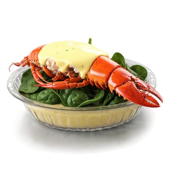 Lobster Rockefeller broiled tail meat spinach and hollandaise in shell in glass dish isolated on. Food isolated on transparent background.