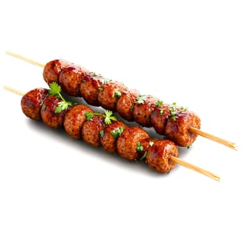 Merguez sausage grilled and presented on a wooden skewer with a small bowl of harissa. Food isolated on transparent background