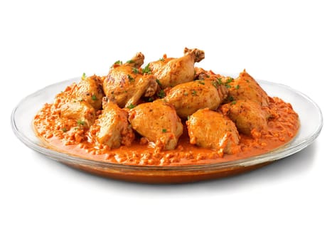 Butter Chicken with creamy tomato sauce and grilled chicken pieces served on a transparent glass. Food isolated on transparent background.