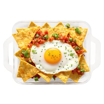Breakfast nachos piled high in glass tray fried egg and salsa tumbling Food and Culinary. Food isolated on transparent background.