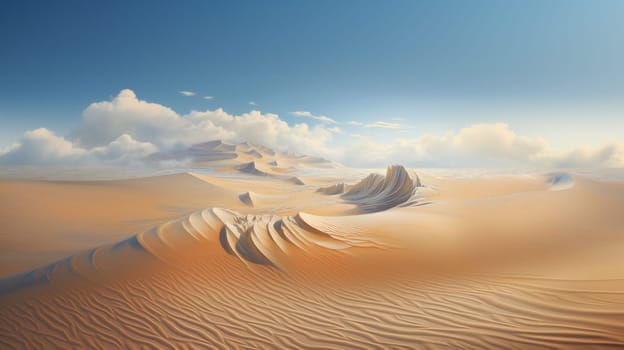 Peaceful desert scene with smooth, flowing dunes and a clear, bright sky. Expansive desert landscape with golden sand dunes and a serene atmosphere.