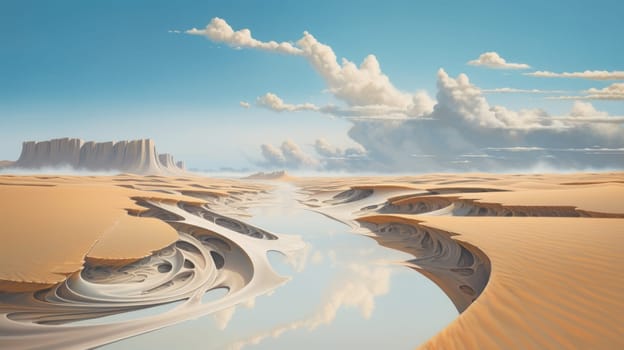 Peaceful desert scene with smooth, flowing dunes and a clear, bright sky. Expansive desert landscape with golden sand dunes and a serene atmosphere.