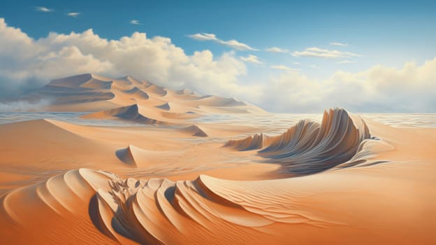 Peaceful desert scene with smooth, flowing dunes and a clear, bright sky. Expansive desert landscape with golden sand dunes and a serene atmosphere.