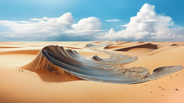Peaceful desert scene with smooth, flowing dunes and a clear, bright sky. Expansive desert landscape with golden sand dunes and a serene atmosphere.