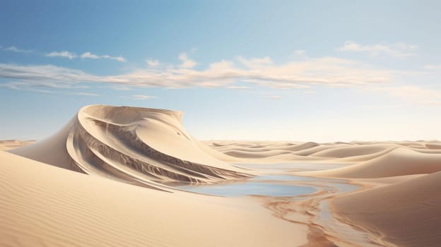Peaceful desert scene with smooth, flowing dunes and a clear, bright sky. Expansive desert landscape with golden sand dunes and a serene atmosphere.