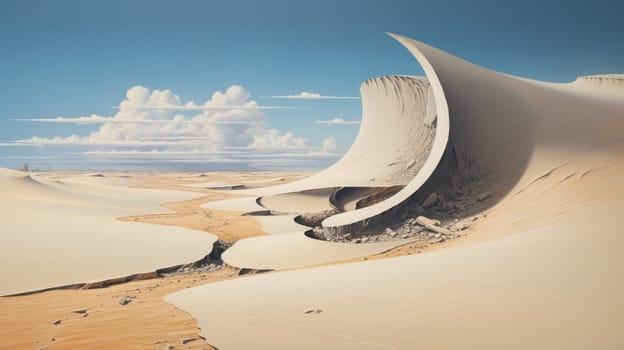 Peaceful desert scene with smooth, flowing dunes and a clear, bright sky. Expansive desert landscape with golden sand dunes and a serene atmosphere.