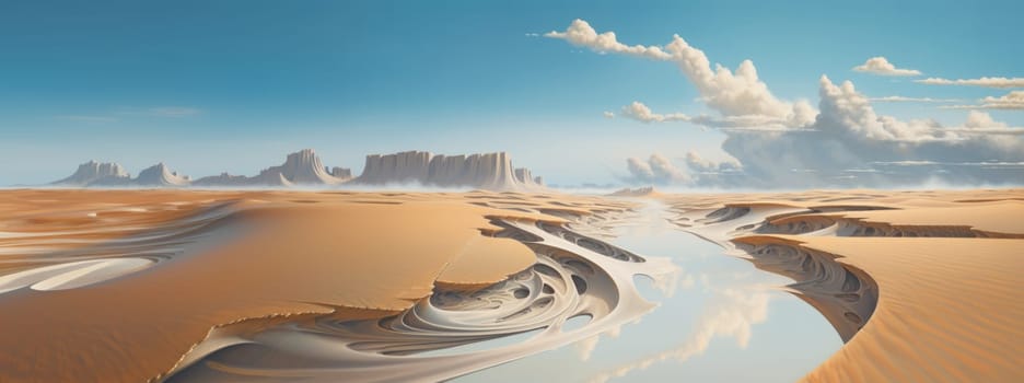 Peaceful desert scene with smooth, flowing dunes and a clear, bright sky. Expansive desert landscape with golden sand dunes and a serene atmosphere.