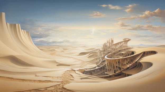 Peaceful desert scene with smooth, flowing dunes and a clear, bright sky. Expansive desert landscape with golden sand dunes and a serene atmosphere.