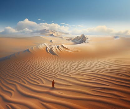 Peaceful desert scene with smooth, flowing dunes and a clear, bright sky. Expansive desert landscape with golden sand dunes and a serene atmosphere.