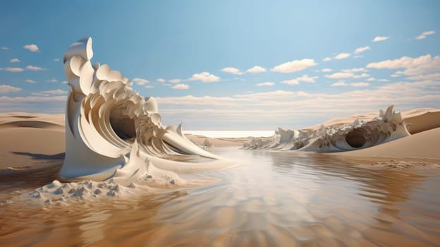 Peaceful desert scene with smooth, flowing dunes and a clear, bright sky. Expansive desert landscape with golden sand dunes and a serene atmosphere.