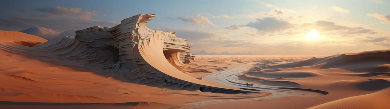 Peaceful desert scene with smooth, flowing dunes and a clear, bright sky. Expansive desert landscape with golden sand dunes and a serene atmosphere.