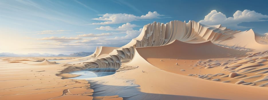 Peaceful desert scene with smooth, flowing dunes and a clear, bright sky. Expansive desert landscape with golden sand dunes and a serene atmosphere.