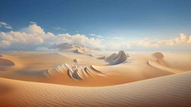 Peaceful desert scene with smooth, flowing dunes and a clear, bright sky. Expansive desert landscape with golden sand dunes and a serene atmosphere.