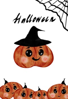 Halloween cute card. Hand drawn kawaii ghost and cartoon pumpkins. Clip art of the face of a typical little monster isolated on a white background. Ideal for decorating invitations and cards for Halloween. High quality illustration