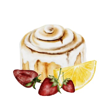 Cinnabon, cinnamon watercolor. Hand drawn cinnamon bun with cream cheese, with lemon and strawberries. Classic American sweet. Clip art isolated on white background. For coffee shop menu, pastry shop and sweet pastry recipes. High quality illustration