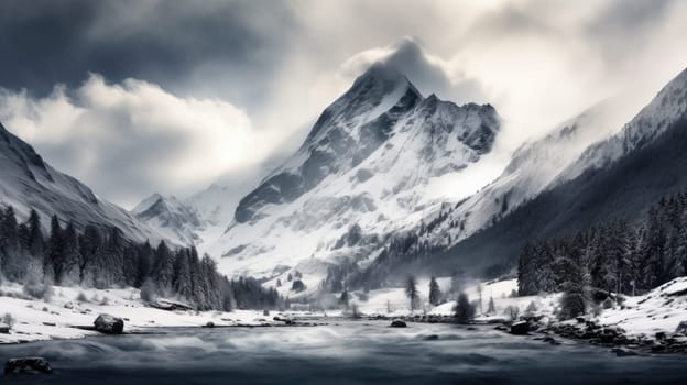 Majestic winter landscape featuring towering snow-capped mountains. 