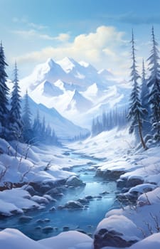 Majestic winter landscape featuring towering snow-capped mountains. 
