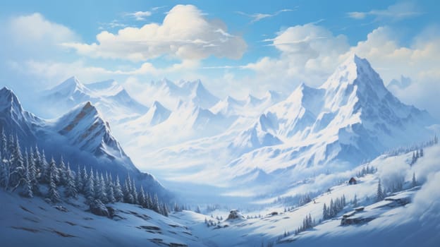 Majestic winter landscape featuring towering snow-capped mountains. 