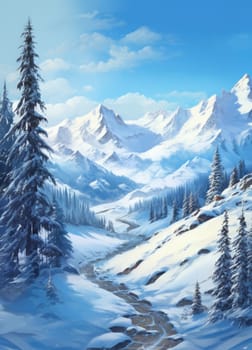 Majestic winter landscape featuring towering snow-capped mountains. 