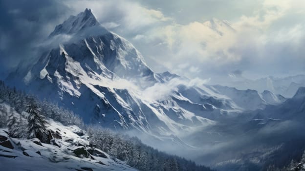 Majestic winter landscape featuring towering snow-capped mountains. 