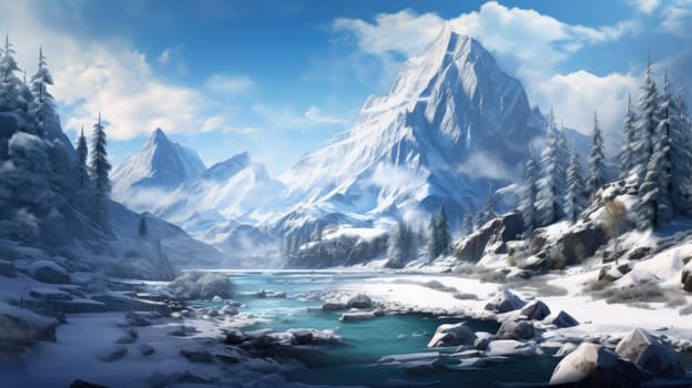 Majestic winter landscape featuring towering snow-capped mountains. 