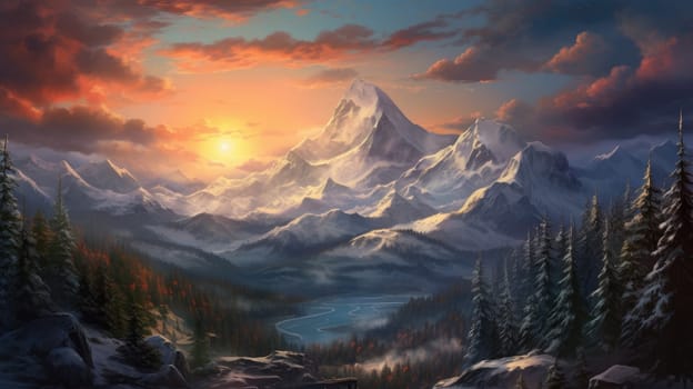 Majestic winter landscape featuring towering snow-capped mountains. 