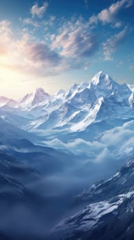 Majestic winter landscape featuring towering snow-capped mountains. 