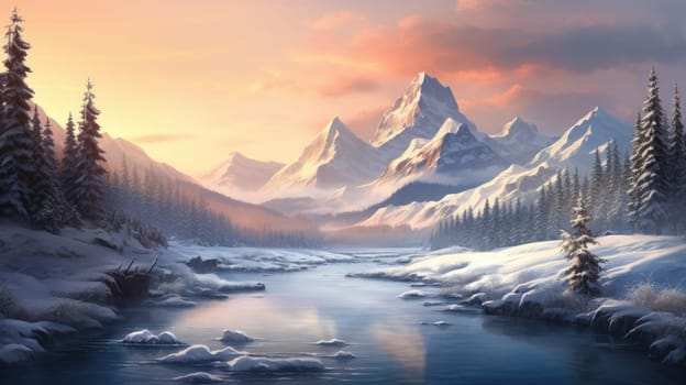 Majestic winter landscape featuring towering snow-capped mountains. 