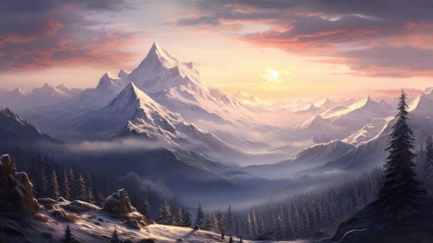 Majestic winter landscape featuring towering snow-capped mountains. 