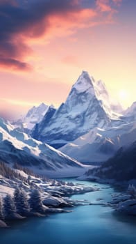 Majestic winter landscape featuring towering snow-capped mountains. 