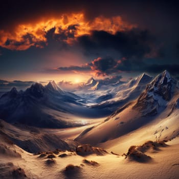 Majestic winter landscape featuring towering snow-capped mountains. 
